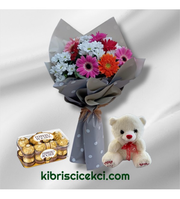 Papatya Gerbera Buketi Ayıcık 16'lı Ferrero Çikolata